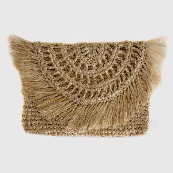 Straw Grass Rafia Clutch with Fringe - Picture 1 of 3